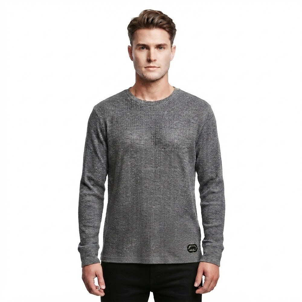 Ecko Unltd Shirt Mens 2XL Gray Waffle Knit Thermal Long Sleeve Crew Neck Rhino